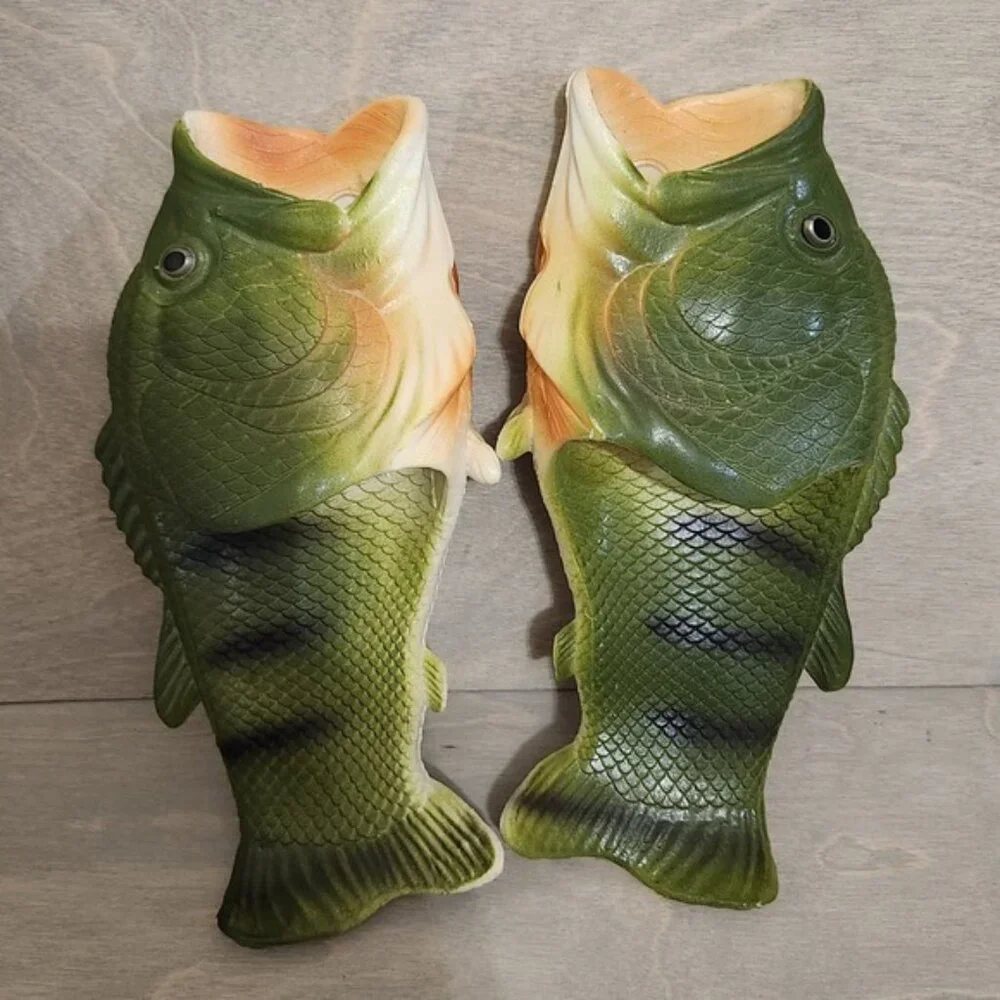 Bass Fish Slippers Sandals Novelty Funny‎ Summer Shoes Quirky Green Size 34/35